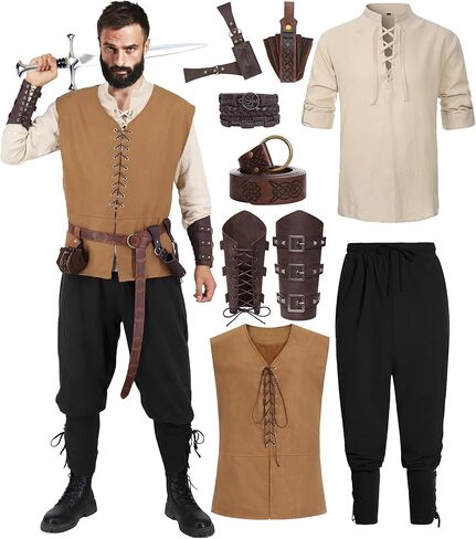 Renaissance Costume Men Adult Medieval Viking Costume Halloween Pirate Costumes Archer Cosplay Outfit Set in Kuwait