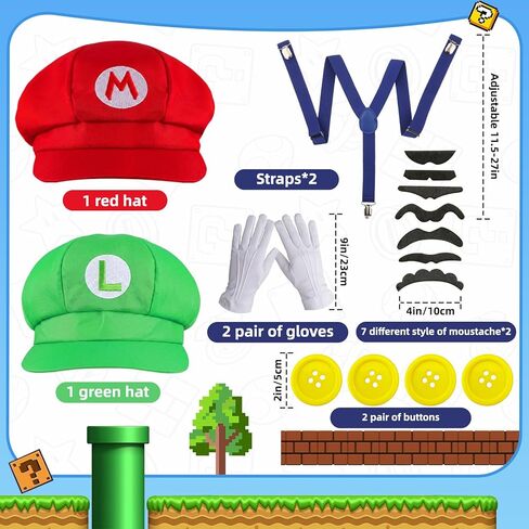 CGD Super Bros Costume Set with Hat, Mustache, Suspenders for Halloween, Instant Dress Up Kit for Cosplay & Christmas in Saudi Arabia