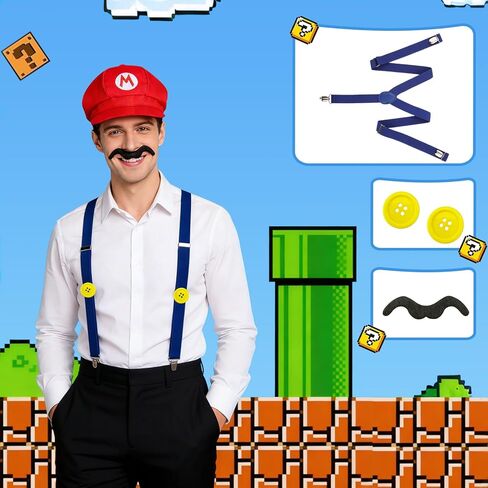 CGD Super Bros Costume Set with Hat, Mustache, Suspenders for Halloween, Instant Dress Up Kit for Cosplay & Christmas in Saudi Arabia