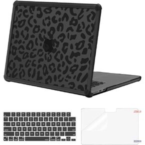 حافظة صلبة مقاومة للصدمات من MOSISO متوافقة مع MacBook Air 15 بوصة M5 2026 M4 M3 M2 2025-2023 A3448 A3241 A3114 A2941، مجموعة 3 في 1 هيكل صلب مضاد للكسر من جلد الفهد مع ممتص للصدمات من مادة TPU، أسود in Kuwait