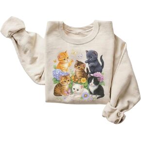 FITIN Unisex Cute Kittens Floral Sweatshirt Vintage Cottagecore Cat Art Cozy Neutral Pullover Animal Lover Gift in Kuwait