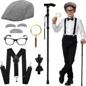 8 Pcs Old Man Costume for Kids 100 Day of School Costume with Hat Glasses Cane Bow Tie Suspenders Magnifying Glass Eyebrows Mustache Grandpa Costume for Boys Accessories for Costume Cosplay in Kuwait
