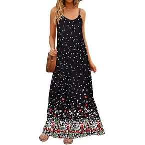 Supnier Women's Summer Maxi Dress Casual V-Neck Sleeveless Bohemian Spaghetti Strap Floral Long Maxi Dress with Pockets in Kuwait