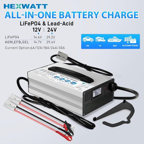 12V/24V LiFePO4 & AGM الكل في واحد شاحن بطارية قابل للتعديل الحالي 6A-30A LiFePO4 14.6V 30A، 29.2V 30A، الرصاص الحمضية، AGM، هلام شاحن بطارية ذكي سريع للسيارة، RV، قارب، شاحنة، النظام الشمسي in Kuwait