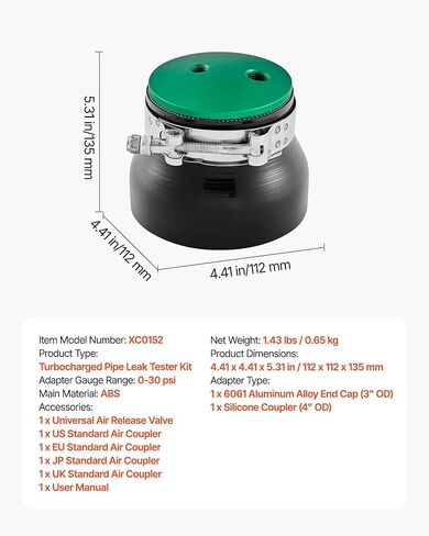 VEVOR Turbo Boost Leak Tester 4", 3" 6061 Aluminum End Cap, 0-30 PSI Adapter Gauge Range, Check Test Intake Charge Pipe Pressure Leaks with 4 Pairs of Air Fittings for Turbo Cars, SUVs, Diesel Trucks in Saudi Arabia