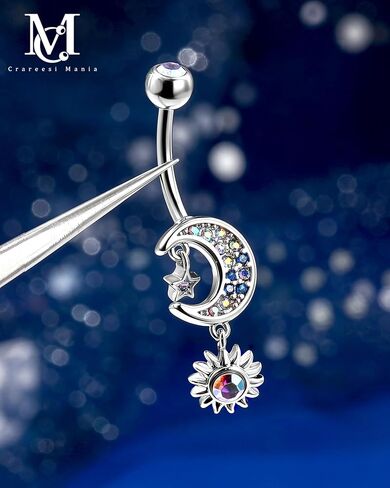 حلقات زر البطن المتدلية على شكل نجمة من CM Crareesi Mania، مجوهرات ثقب البطن AB Clear CZ، حلقات البطن 14G للنساء، حلقات سرة القمر من الفولاذ المقاوم للصدأ 316L in Saudi Arabia