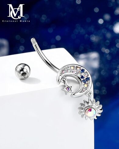 حلقات زر البطن المتدلية على شكل نجمة من CM Crareesi Mania، مجوهرات ثقب البطن AB Clear CZ، حلقات البطن 14G للنساء، حلقات سرة القمر من الفولاذ المقاوم للصدأ 316L in Saudi Arabia