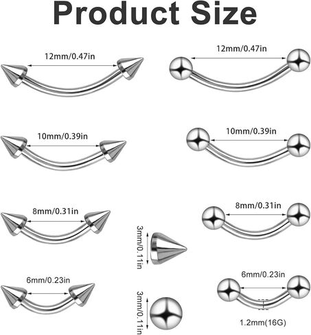 8pcs Eyebrow Piercing Jewelry 16g Vertical Labret Lip Jewelry Surgical Steel Curved Barbell Silver Eyebrow Rings Rook Piercing Jewelrys Helix Conch Daith Earrings for Women Men in Saudi Arabia