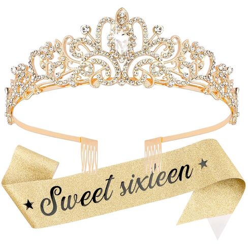 Sweet 16 Birthday Crown and Sash for Girls, Sweet 16th Sash and Tiara Set, 16th Birthday Party Decorations for Women, Pink Accessories Gifts for Girls in Saudi Arabia