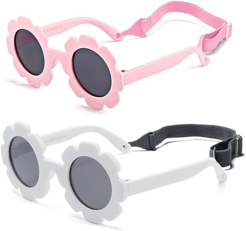 Baby flower sunglasses with strap Girls Flexible Bendable Polarized Sunglasses for Newborn Girls Age 0-24 Months in Kuwait