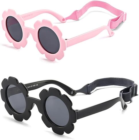 Baby flower sunglasses with strap Girls Flexible Bendable Polarized Sunglasses for Newborn Girls Age 0-24 Months in Kuwait