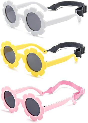 Baby flower sunglasses with strap Girls Flexible Bendable Polarized Sunglasses for Newborn Girls Age 0-24 Months in Kuwait