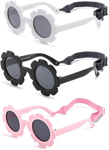 Baby flower sunglasses with strap Girls Flexible Bendable Polarized Sunglasses for Newborn Girls Age 0-24 Months in Kuwait