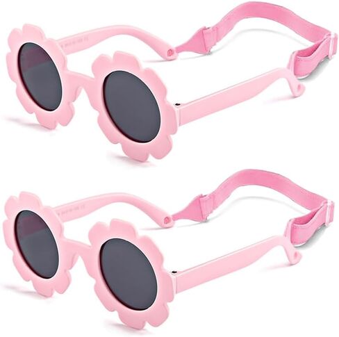 Baby flower sunglasses with strap Girls Flexible Bendable Polarized Sunglasses for Newborn Girls Age 0-24 Months in Kuwait