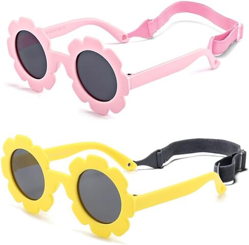 Baby flower sunglasses with strap Girls Flexible Bendable Polarized Sunglasses for Newborn Girls Age 0-24 Months in Kuwait
