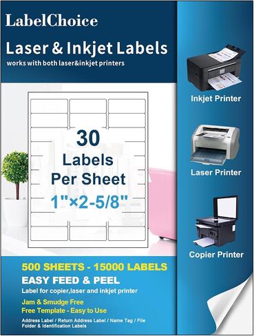500 Sheets 15000 Pcs 30 Up Labels 1" x2-5/8 Shipping Address Labels for Laser & Inkjet Printers, Mailing Labels 30 per Sheet Return Address Stickers, 30 per Page on US Letter in Kuwait