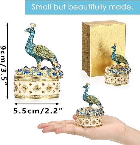 ELLDOO Mini Peacock Trinket Box, Vintage Metal Enameled Decorative Box Ring Earrings Jewelry Organizer Peacock Figurine Lid Gift Box for Girl Women in Saudi Arabia