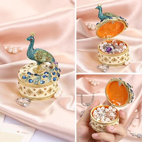 ELLDOO Mini Peacock Trinket Box, Vintage Metal Enameled Decorative Box Ring Earrings Jewelry Organizer Peacock Figurine Lid Gift Box for Girl Women in Saudi Arabia