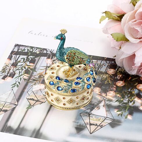 ELLDOO Mini Peacock Trinket Box, Vintage Metal Enameled Decorative Box Ring Earrings Jewelry Organizer Peacock Figurine Lid Gift Box for Girl Women in Saudi Arabia