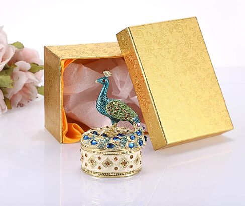 ELLDOO Mini Peacock Trinket Box, Vintage Metal Enameled Decorative Box Ring Earrings Jewelry Organizer Peacock Figurine Lid Gift Box for Girl Women in Saudi Arabia