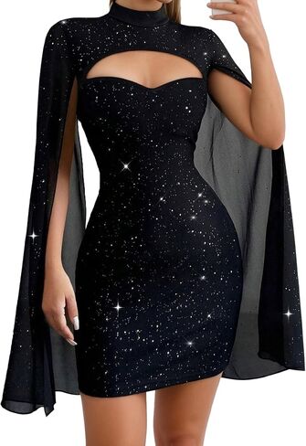 Women's Sparkly Hollow Out Mock Neck Cape Long Sleeve Bodycon Mini Cocktail Dress in Saudi Arabia