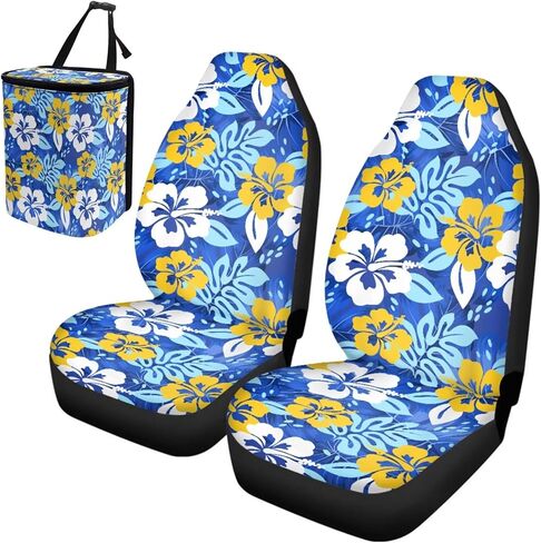 Blue Hawaiian Flowers Car Seat Covers for Women Men, Seat Protector and 1 Car Trash Can Auto Decorations Accessories for SUV Truck Vans Sedans in Saudi Arabia