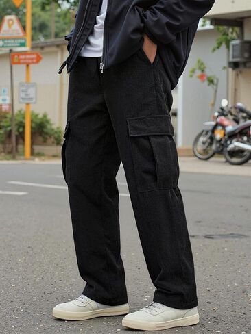Men's Corduroy Long Pants with Multiple Pockets, Casual Fit Trousers for Young Men, Trendy & Versatile for Autumn Winter in Saudi Arabia