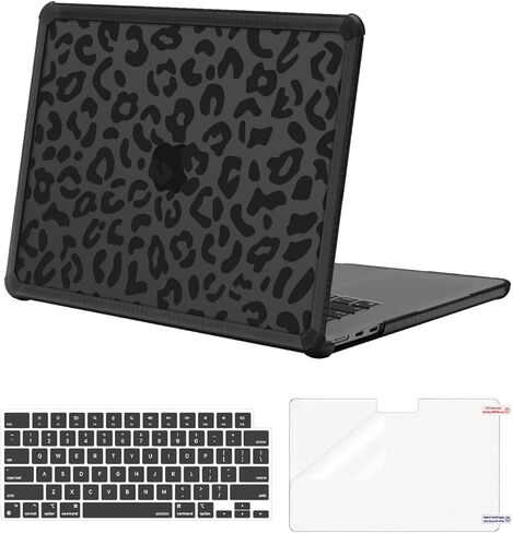 حافظة صلبة مقاومة للصدمات من MOSISO متوافقة مع MacBook Air 15 بوصة M5 2026 M4 M3 M2 2025-2023 A3448 A3241 A3114 A2941، مجموعة 3 في 1 هيكل صلب مضاد للكسر من جلد الفهد مع ممتص للصدمات من مادة TPU، أسود in Kuwait