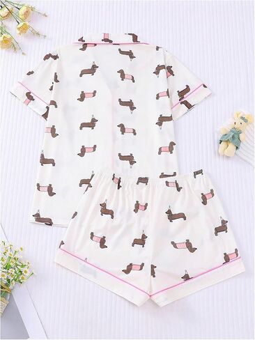 SweatyRocks Women's 2 Piece Dog Print Pajama Set Summer Button Down Short Sleeve Shirt and Shorts Loungewear in Saudi Arabia