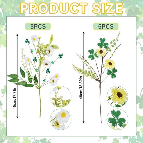 8Pcs St Patricks Day Artificial Flowers, Artificial Shamrock Daisy Picks Fake Gerbera Clover Flower Floral Branches for St. Patrick's Day Cemetery Home Party Table Centerpiece Irish Decor in Saudi Arabia