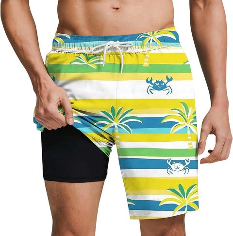 Mens Swim Trunks with Compression Liner 2 in 1 Quick Dry Swim Shorts Tropical Swimming Beach Shorts with Pockets in Saudi Arabia