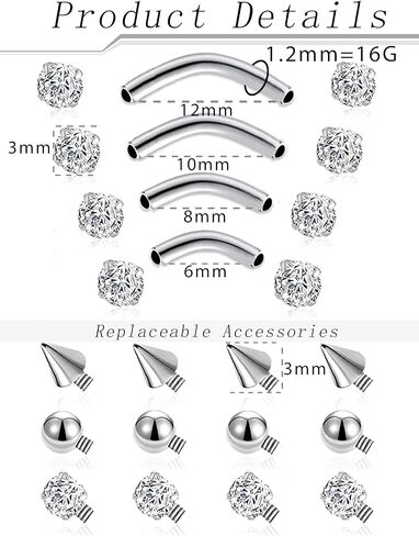 Eyebrow Piercing Jewelry 16G Surgical Steel Curved Barbell Tiny Eyebrow Ring Vertical Labret Lip Rook Helix Conch Daith Earring Navel Belly Button Tongue Rings for Women Men 6mm/8mm/10mm/12mm in Saudi Arabia