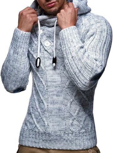 Leif Nelson Men's Knitted Hooded Sweater - Stylish Cable Knit Pullover with Button Detail, Warm and Comfortable for Fall & Winter Grey X-Large in Saudi Arabia