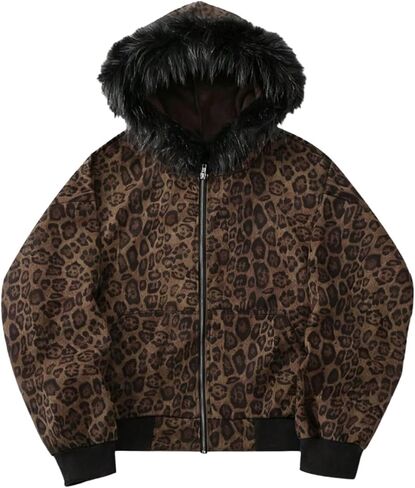 SOLY HUX Men's Leopard Zip Up Hoodie Y2k Cheetah Print Fuzzy Long Sleeve Hooded Sweatshirt Jacket Streetwear in Saudi Arabia