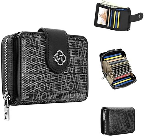 Credit Card Wallets for Women, Leather Cardholder with Zipper Around, Small Rfid Ladies Wallet, Accordion Compact Bifold Purse for Travel, 19 Card Slots, ID Window, Cash Organizer - Black in Saudi Arabia