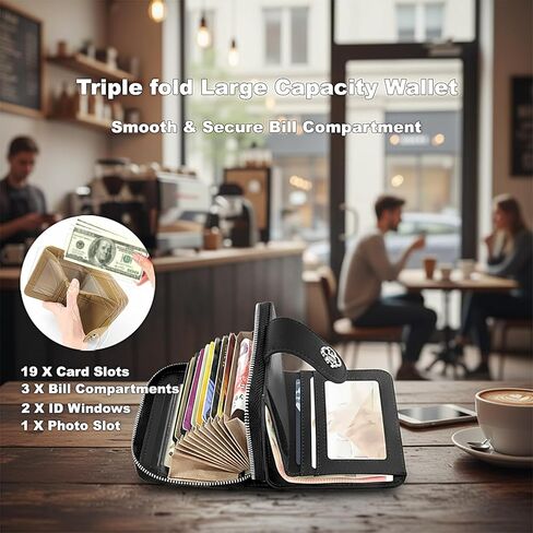 Credit Card Wallets for Women, Leather Cardholder with Zipper Around, Small Rfid Ladies Wallet, Accordion Compact Bifold Purse for Travel, 19 Card Slots, ID Window, Cash Organizer - Black in Saudi Arabia