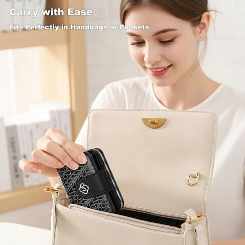Credit Card Wallets for Women, Leather Cardholder with Zipper Around, Small Rfid Ladies Wallet, Accordion Compact Bifold Purse for Travel, 19 Card Slots, ID Window, Cash Organizer - Black in Saudi Arabia