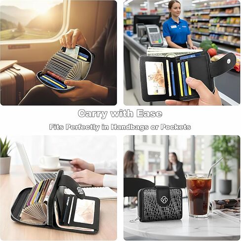 Credit Card Wallets for Women, Leather Cardholder with Zipper Around, Small Rfid Ladies Wallet, Accordion Compact Bifold Purse for Travel, 19 Card Slots, ID Window, Cash Organizer - Black in Saudi Arabia