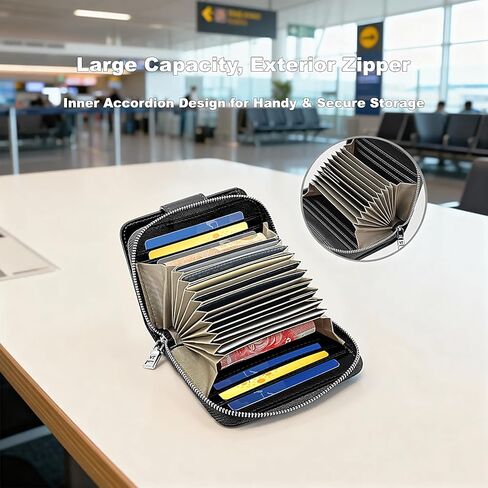 Credit Card Wallets for Women, Leather Cardholder with Zipper Around, Small Rfid Ladies Wallet, Accordion Compact Bifold Purse for Travel, 19 Card Slots, ID Window, Cash Organizer - Black in Saudi Arabia