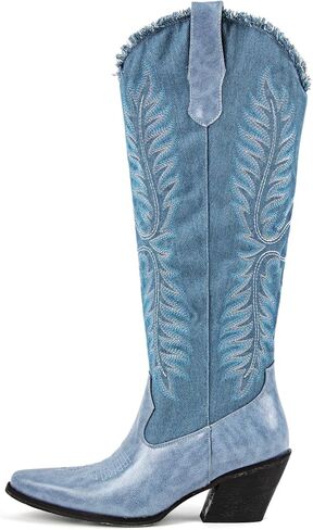 sexytag Denim Knee High Cowgirl Boots for Women Embroidered Cowboy Boots Distressed Side Zipper Pointed Toe Western Boot in Saudi Arabia