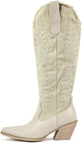 sexytag Denim Knee High Cowgirl Boots for Women Embroidered Cowboy Boots Distressed Side Zipper Pointed Toe Western Boot in Saudi Arabia