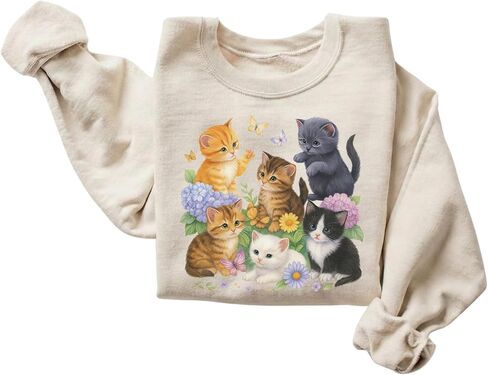 FITIN Unisex Cute Kittens Floral Sweatshirt Vintage Cottagecore Cat Art Cozy Neutral Pullover Animal Lover Gift in Kuwait