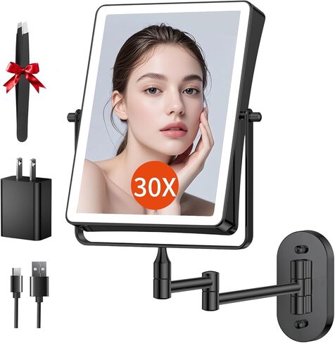 FUNTOUCH 5000mAh Rechargeable Wall Mounted Makeup Mirror with Lights, 8.7" Double Sided 1X/20X Magnifying Mirror with Dimmable 3 Color Light, Extended Swing Arm 360° Wall Mount Bathroom Vanity Mirror in Kuwait