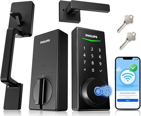 Philips WiFi Smart Lock with Front Door Handle Set, Built-in WiFi, APP Remote & Voice Control, Fingerprint Keyless Entry Door Lock, Keypad Deadbolt Smart Locks for Front Door, Auto-Lock, Matte Black in Kuwait