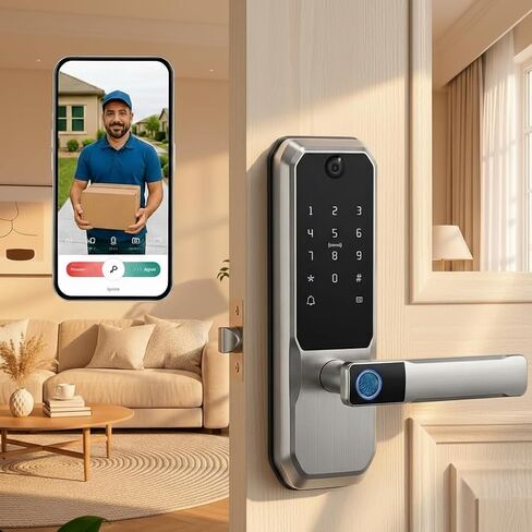 قفل باب ذكي للفيديو من UMIKSMART مع جرس الباب والكاميرا، قفل باب دخول بدون مفتاح مع مقبض، مقبض باب بصمة الإصبع مع لوحة مفاتيح، تطبيق التحكم عن بعد Smart Deadbolt لشقة المكتب، الفحم المعدني in Kuwait