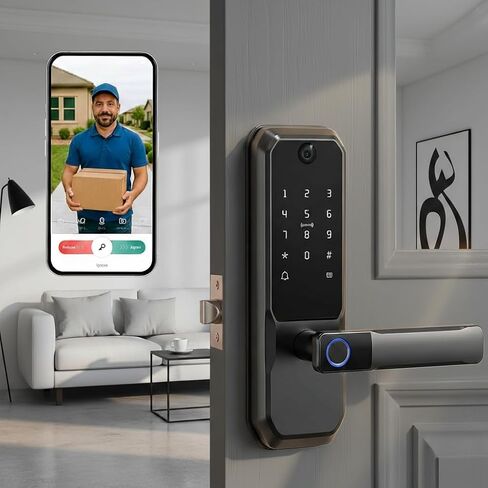 قفل باب ذكي للفيديو من UMIKSMART مع جرس الباب والكاميرا، قفل باب دخول بدون مفتاح مع مقبض، مقبض باب بصمة الإصبع مع لوحة مفاتيح، تطبيق التحكم عن بعد Smart Deadbolt لشقة المكتب، الفحم المعدني in Kuwait