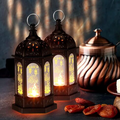 Threan 12 Pcs Ramadan Lantern Lights LED mini Eid Mubarak Lantern Gifts, Ramadan Decorations for Home Table Wall Eid Centerpieces Decor (Gold Moon Castle Meteor) in Saudi Arabia