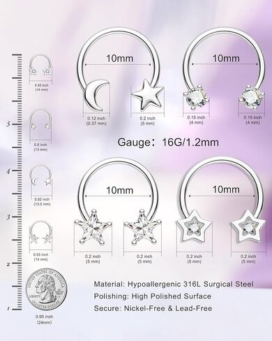 Jewseen 4PCS Septum Rings 16G Septum Jewelry Star Septum Nose Rings for Women 316L Surgical Steel Smiley Piercing Jewelry Helix Conch Cartilage Earring for Women in Saudi Arabia