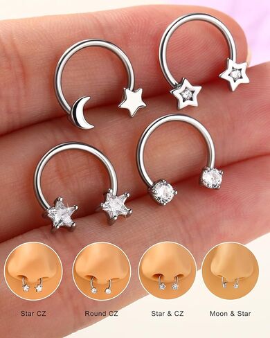 Jewseen 4PCS Septum Rings 16G Septum Jewelry Star Septum Nose Rings for Women 316L Surgical Steel Smiley Piercing Jewelry Helix Conch Cartilage Earring for Women in Saudi Arabia