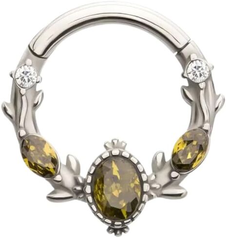 Pierced Owl 14-16GA 316L Stainless Steel Olive Green CZ Crystal Vined Hinged Segment Clicker Ring in Saudi Arabia